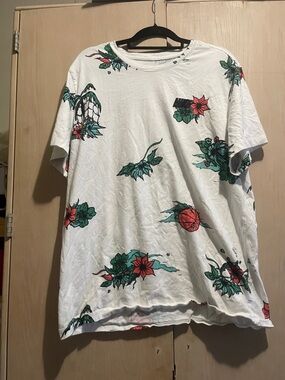 Nike White Short-Sleeve Tee with Green & Red Floral Graphics